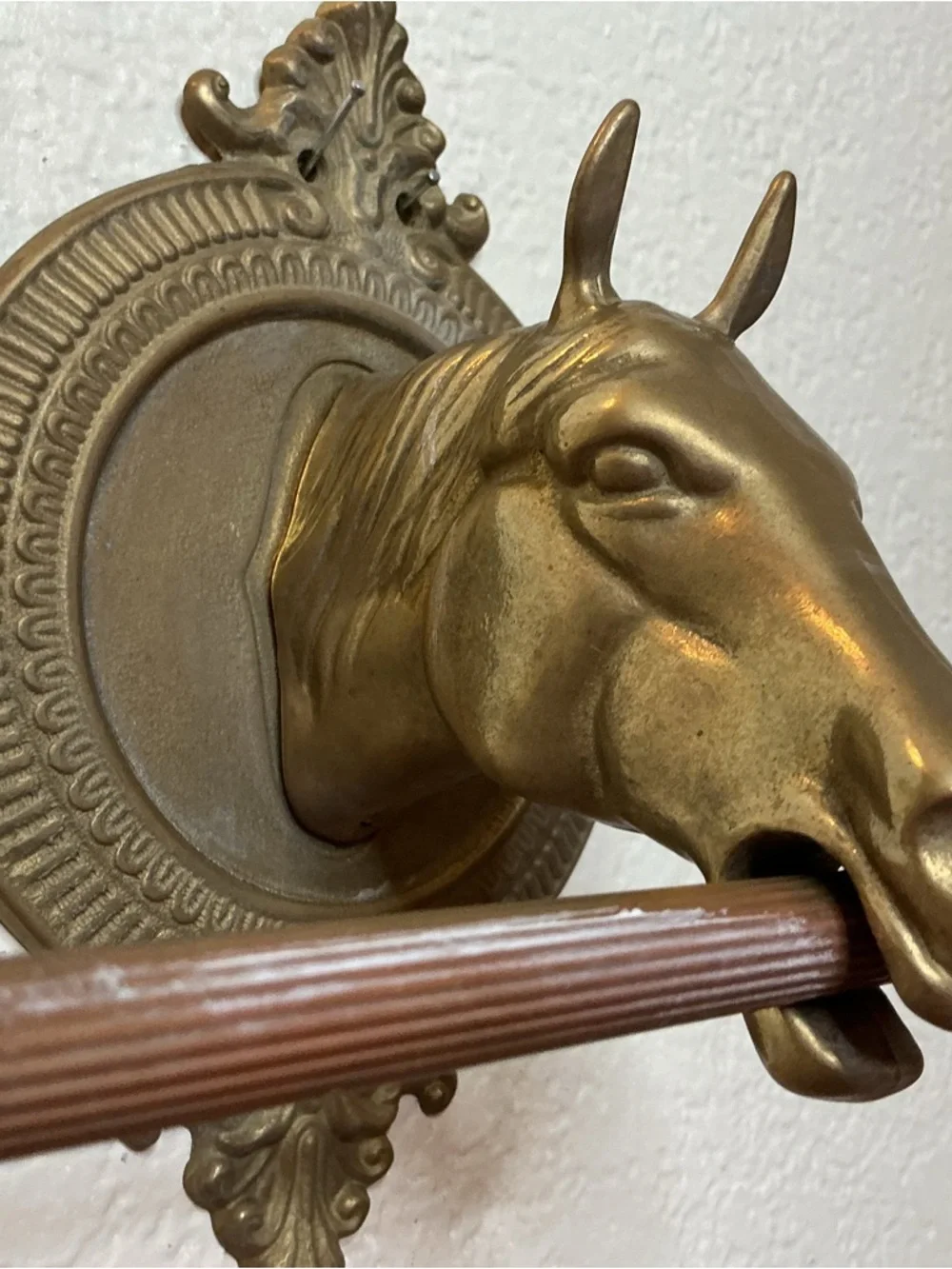 34” L Vintage Brass Horse Head Wall Hook Rack - Brown/Gold